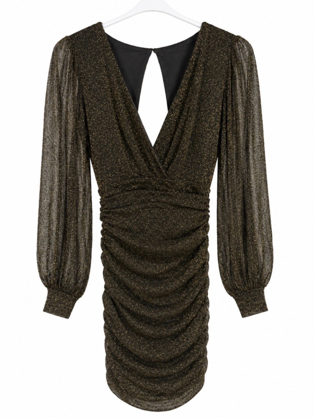 Metallic Black-Gold Ruched Mini Dress with Sheer Long Sleeves